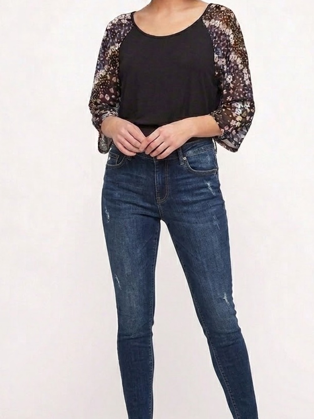 Cyrus Black Top with Floral Flowy Raglan Mesh Sleeves